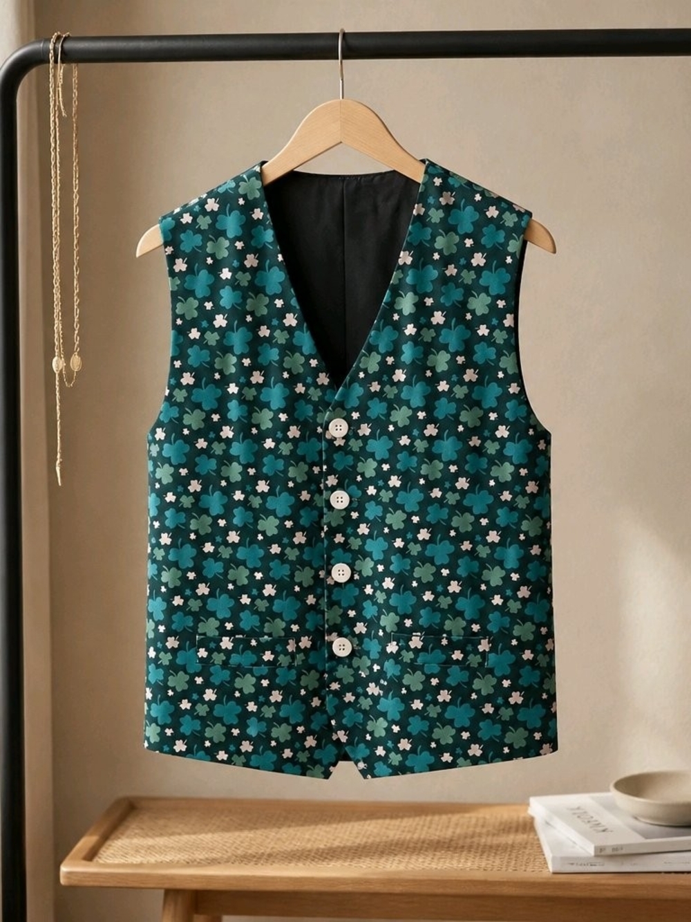 Men's Teal Floral Vest - Stylish Patterned Waistcoat